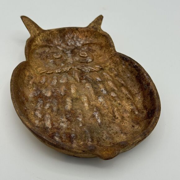 Vtg Gold‎ Colored Heavy Metal Possibly Cast Iron Owl Ashtray Trinket Dish Patina - Picture 1 of 3